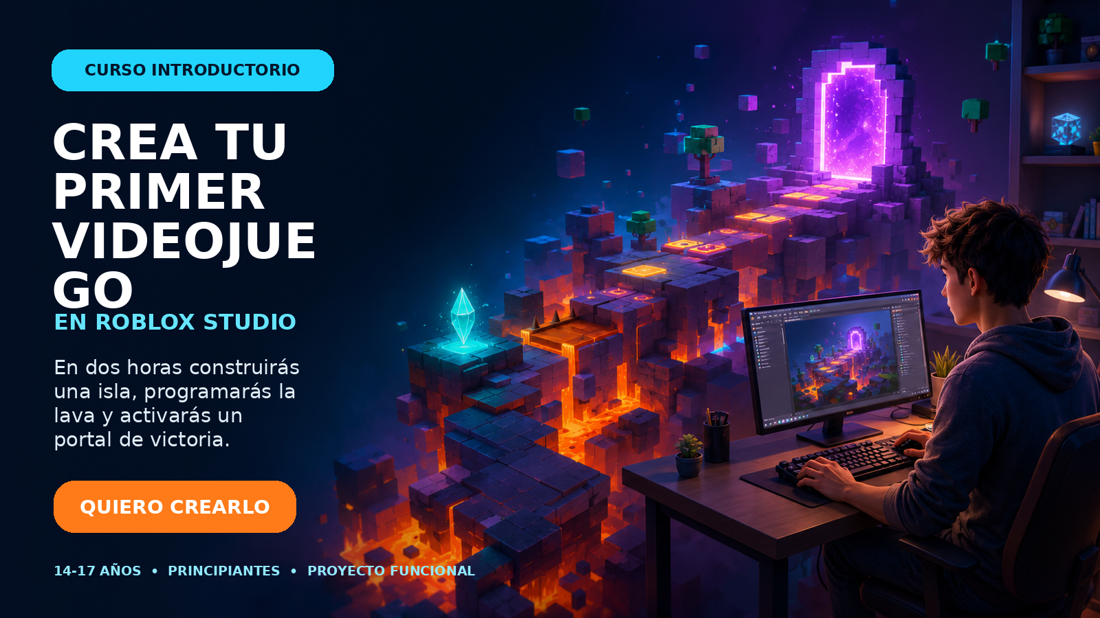 Banner promocional del curso Crea tu primer videojuego en Roblox Studio con isla digital, portal, cristal y estudiante creando un videojuego.